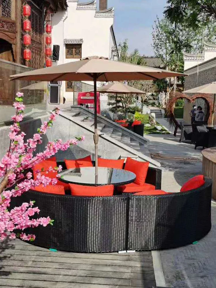 Umbrella Internet Celebrity Homestay Terrace Rattan Table and Chairs Villa Garden Yard Rattan Chair Table Combination