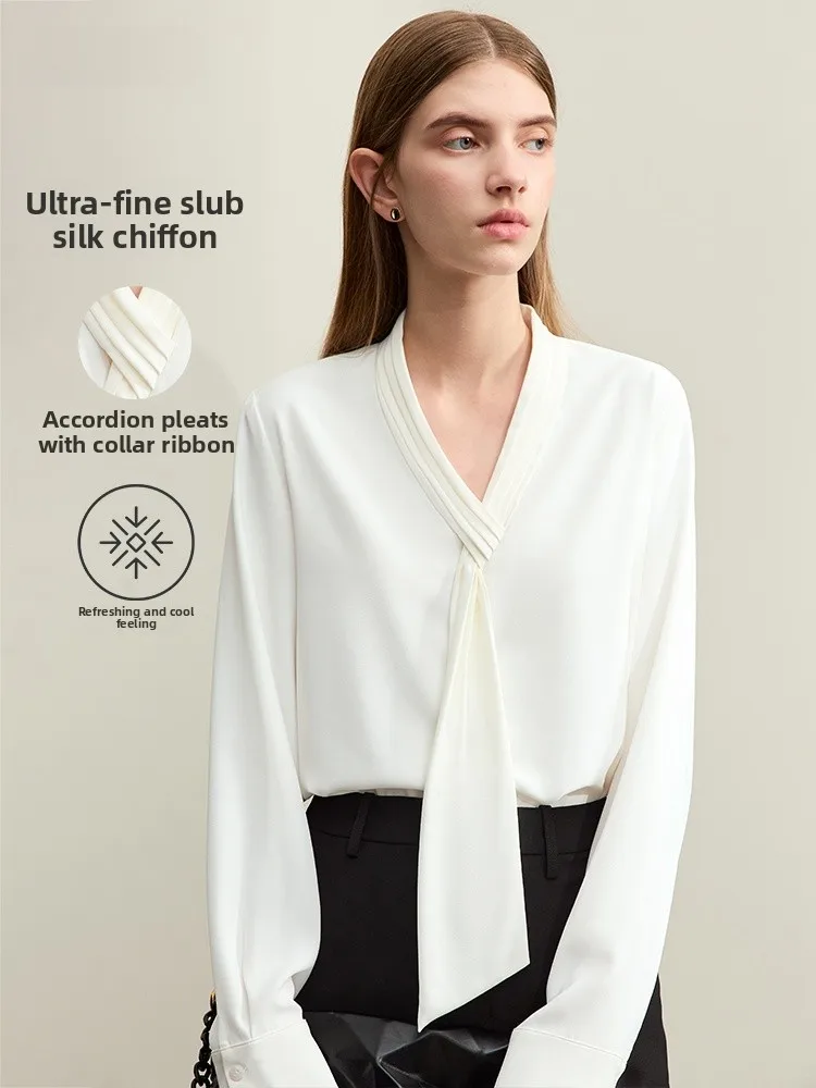 

mat Women's Chiffon irt Spring New Commuter Sle Pleated Long Sve V-Ne Sa Straight Tube Top i Brand