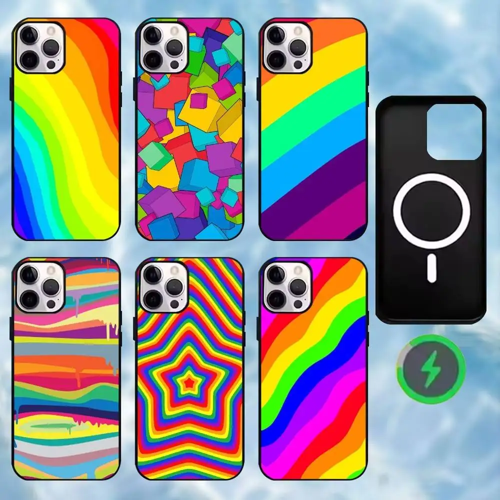 

C-Colorful Rainbow Stripe Phone Case For iPhone17,16,15,14,13,12,Wireless charging protective case soft cover