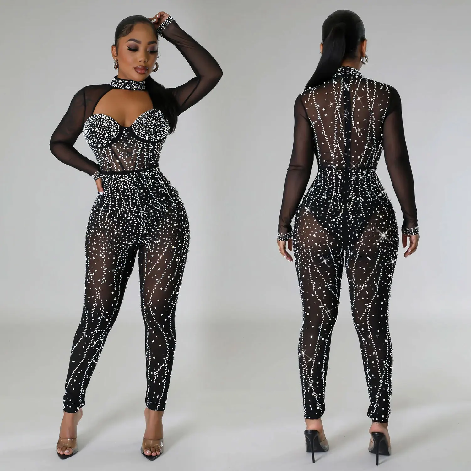 

Luxurious Sexy Sparkly Rhinestones Transparent Mesh Jumpsuits Birthday Party Celebrate Club Outfit Dancer Performance Stage Wear