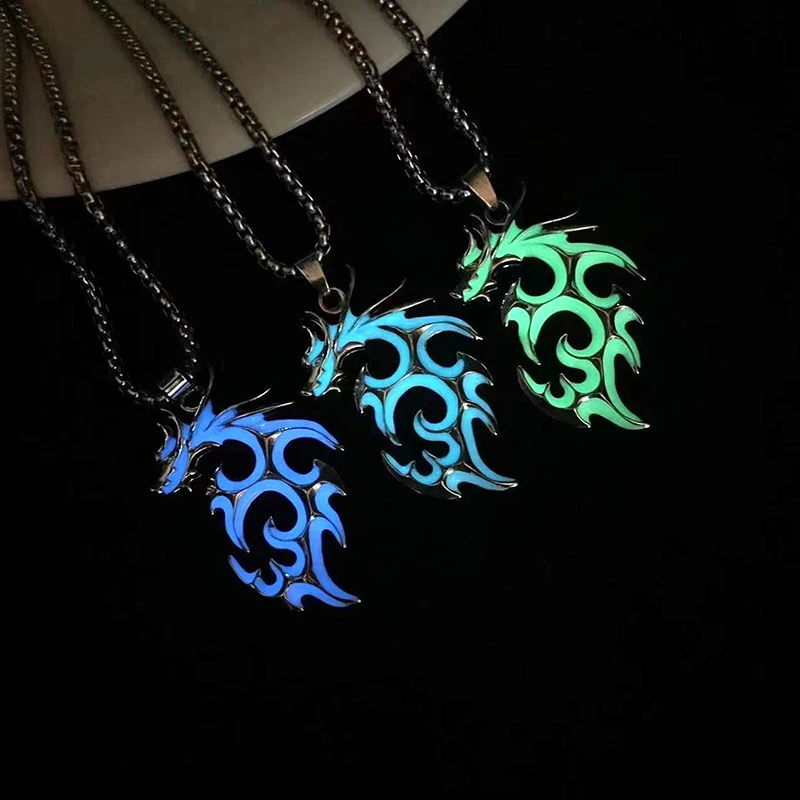 Glow Flame Dragon Necklace Personality Luminous Punk Glow Pendant Glow In The Dark Sweater Chain Glowing Necklace Hiphop Jewelry