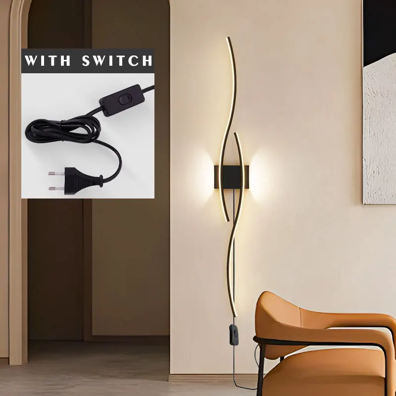 Nordic Black LED Wall Lamps with Plug for Living Room Foyer Indoor LED Wall Lights Wall Scconce for Balcony Aisle Gold White