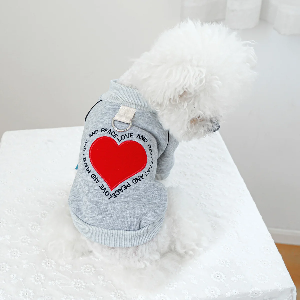 1PC Pet Clothing Spring and Autumn Gray Love and Peace Round Neck Shirt Suitable for Small and Medium sized Dogs