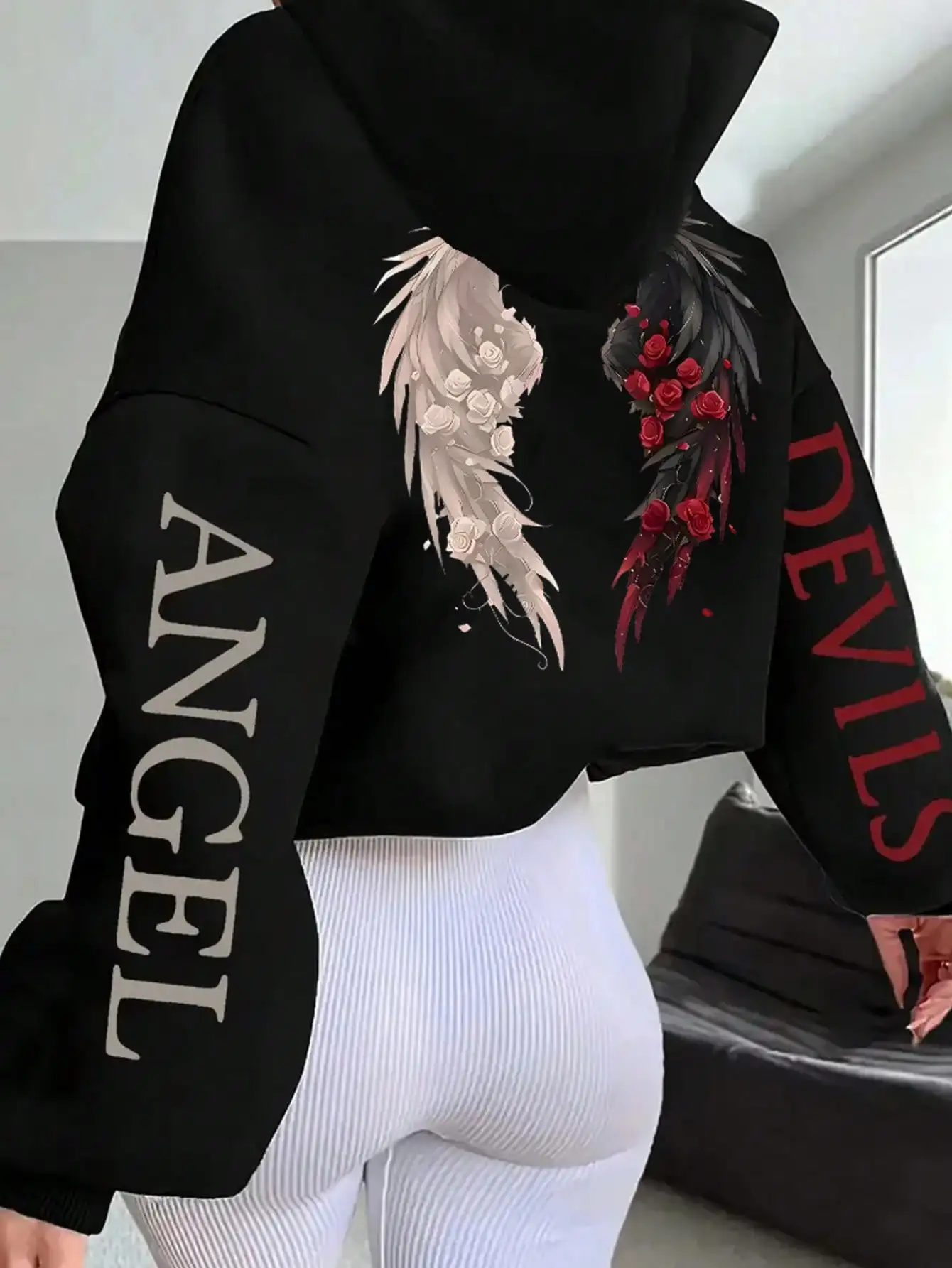 

Black Cropped Hoodie with Angelic & Demonic Wing Print, Loose Fit