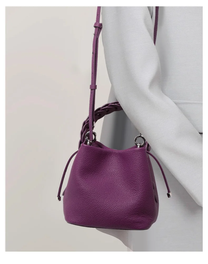 Elegante Handtasche aus echtem Leder, einzelne Schultertasche, Crossbody-Tasche, erste Schicht Rindsleder, Bucket Bag für den Arbeitsweg, Litschi-Muster – Detail 3