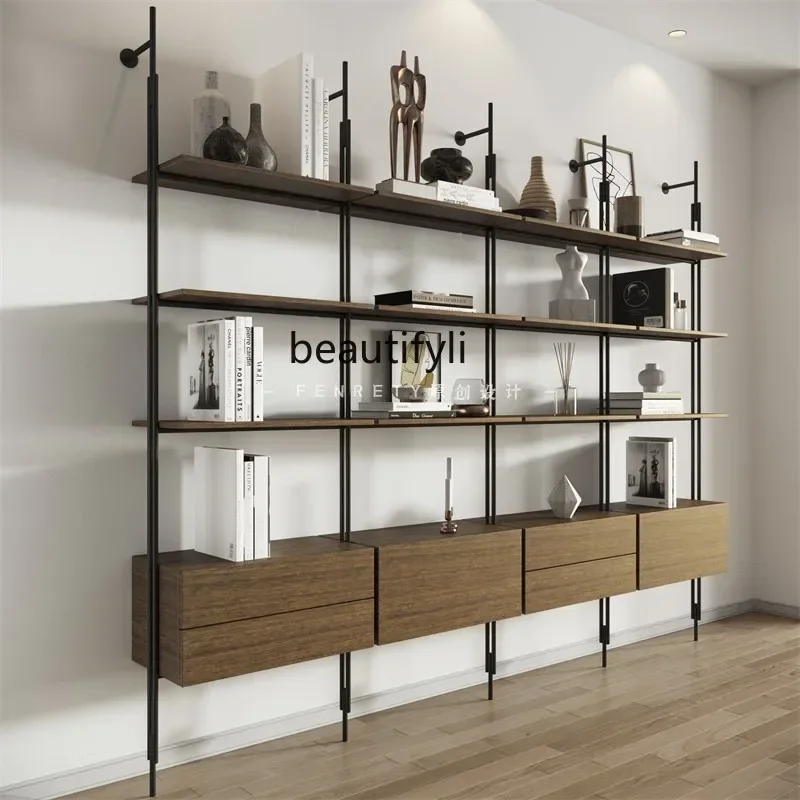 LX1Minimalist multi-layer baffle drawer shelf bookshelf industrial wind wrought iron shelf against the wall light luxury bookcas