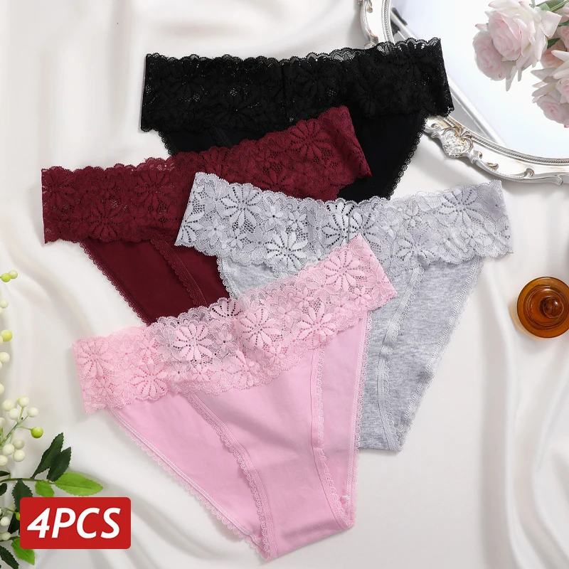 

Lace Panties Women Cotton Briefs Female Comfortable Underwear 4PCS/Set Elstice Solid Color Panties Female Low Rise Sexy Lingerie