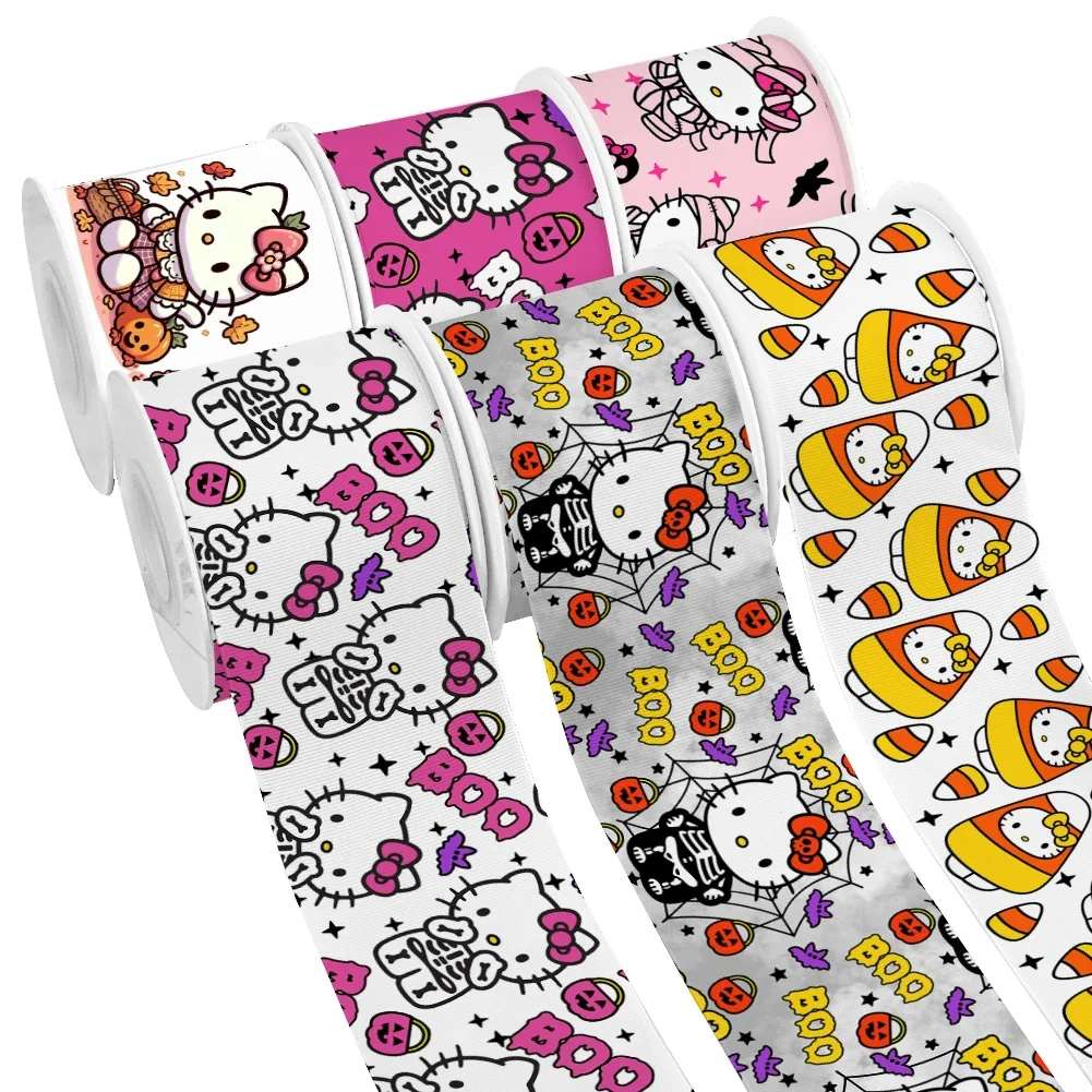 Sanrio Hello Kitty Pattern Halloween Printed Grosgrain Satin Ribbon for Gift Wrapping Hair Bow Craft Accessory 50 Yards