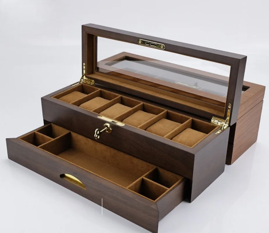 Premium teak pattern double-layer jewelry storage box with lock multi-function 6-position black walnut spray paint box