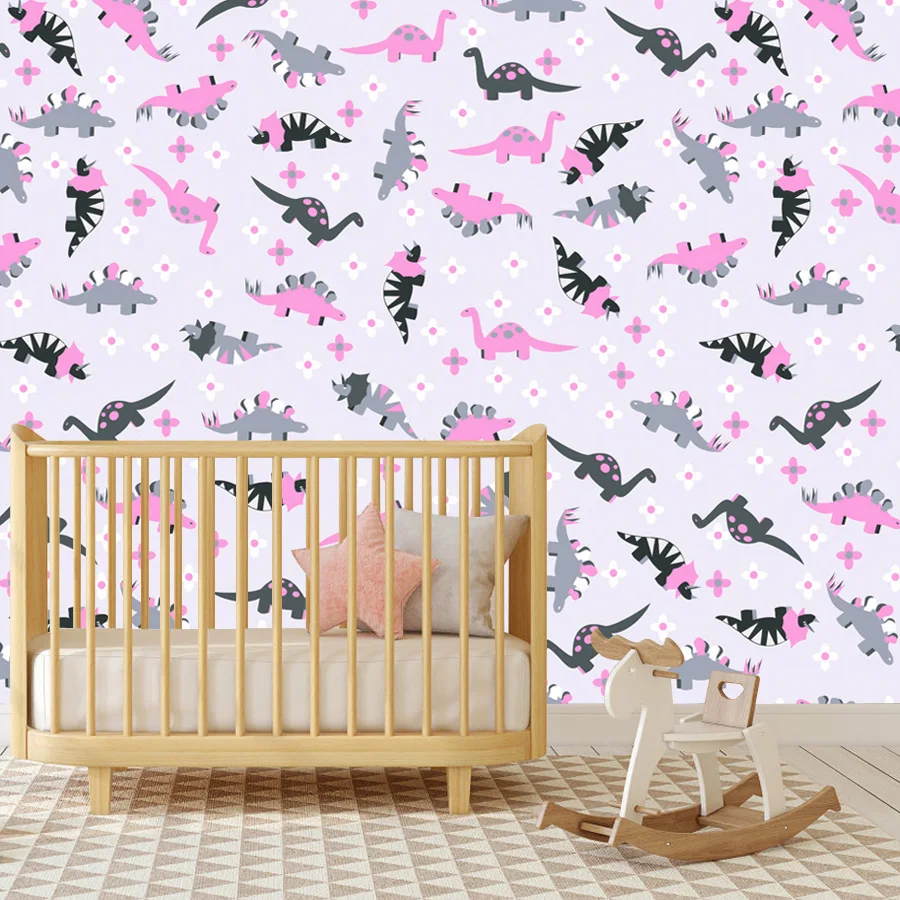 Self Adhesive Optional, Cute Animals Pink Dinosaur Wall Papers Home Decor Panel for Living Room Kids Baby Bedroom Mural Covering