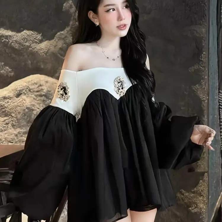 Korejepo Light Luxury Celebrity Dresses One Word Shirt Early Autumn High End Birthday Rich Daughter Unique Black Vestido 2024