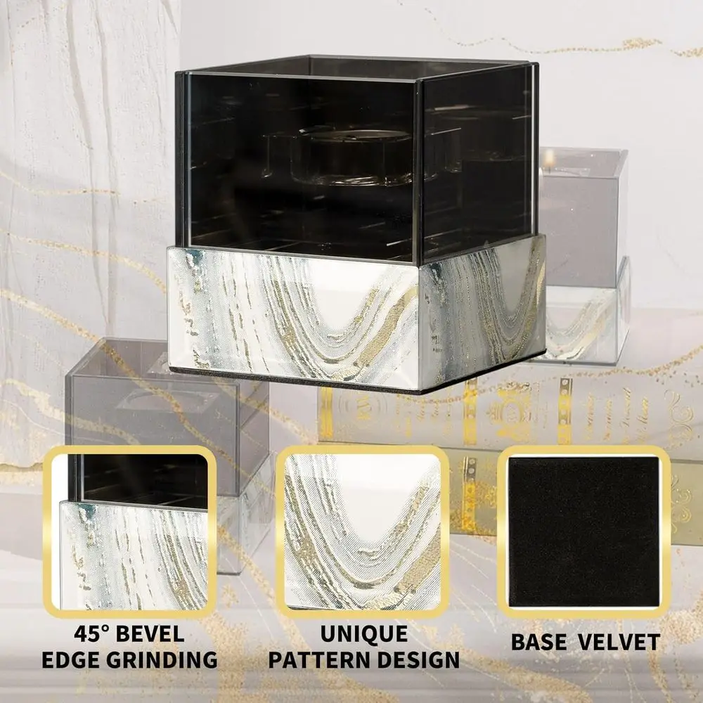 Marble-Patterned Square Glass Candlestick Holder for Elegant Dining, Kitchen, Patio, and Wedding Settings