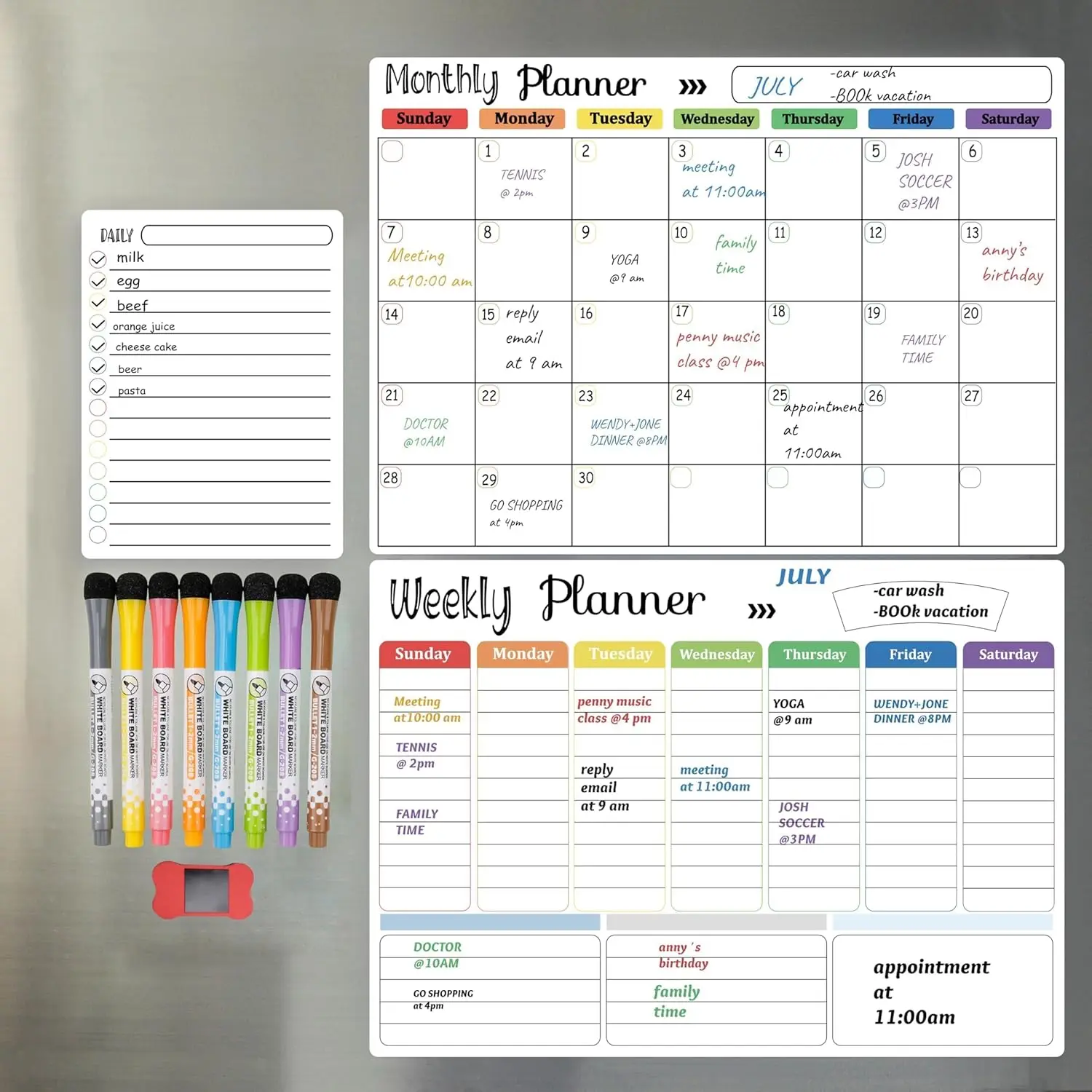 

3-Pack Magnetic Dry Erase Calendar Whiteboard Set for Fridge, Wall & Refrigerator Organisation – Monthly, Weekly & Daily Planners – Includes 8 Markers & Eraser