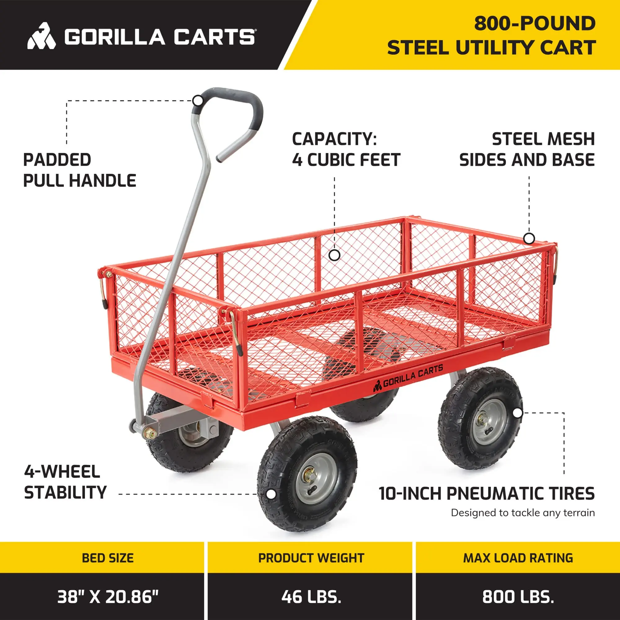 Steel Utility Garden Cart, 800 lb. Capacity, 4 Cu Ft, Red