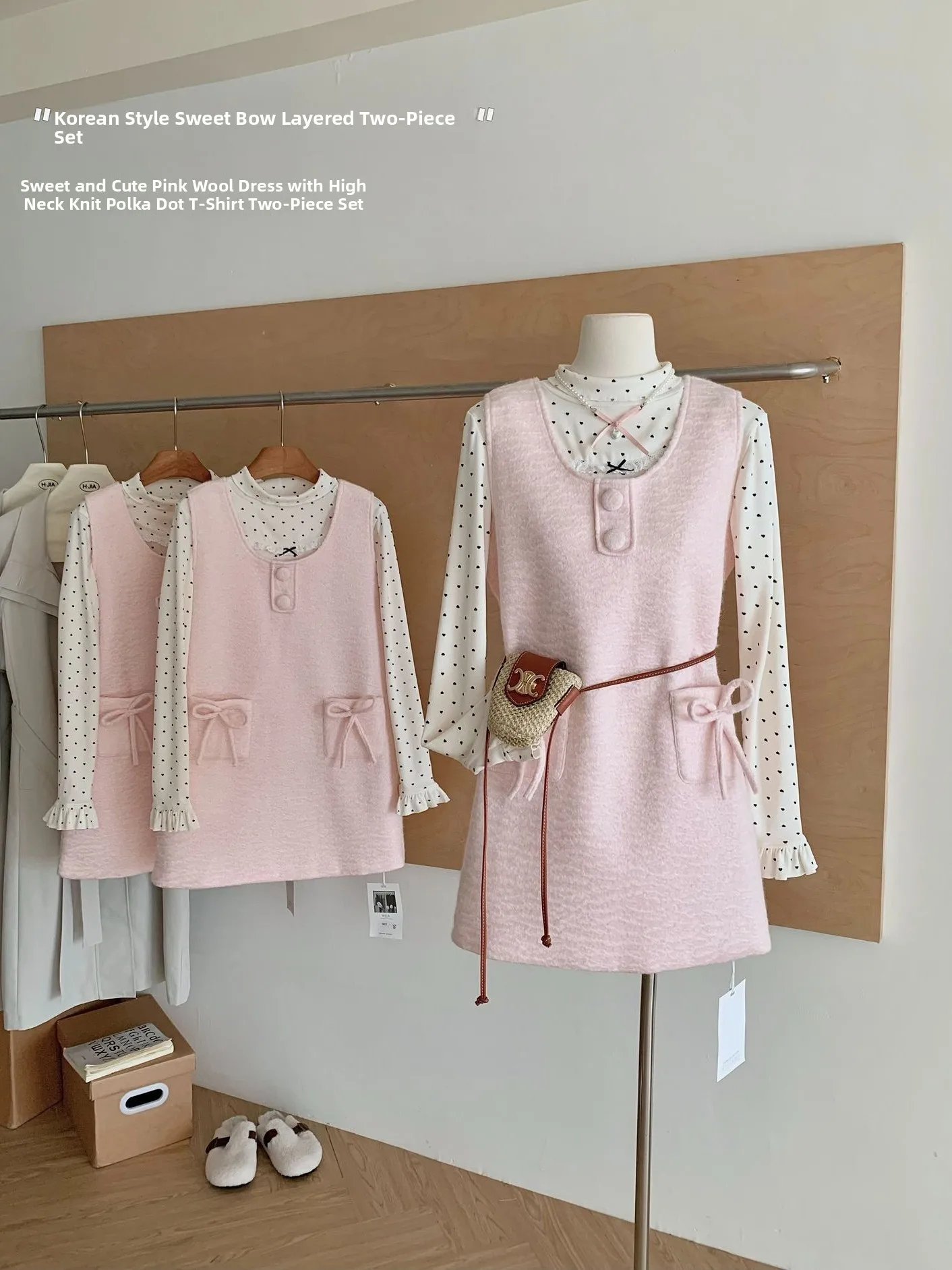 

Ling Zhi Dao Spring 2026 Woolen Pink Warm Thi Age-Defng Strap Dr ort Small Women's Faion Set High Waist Long Sve