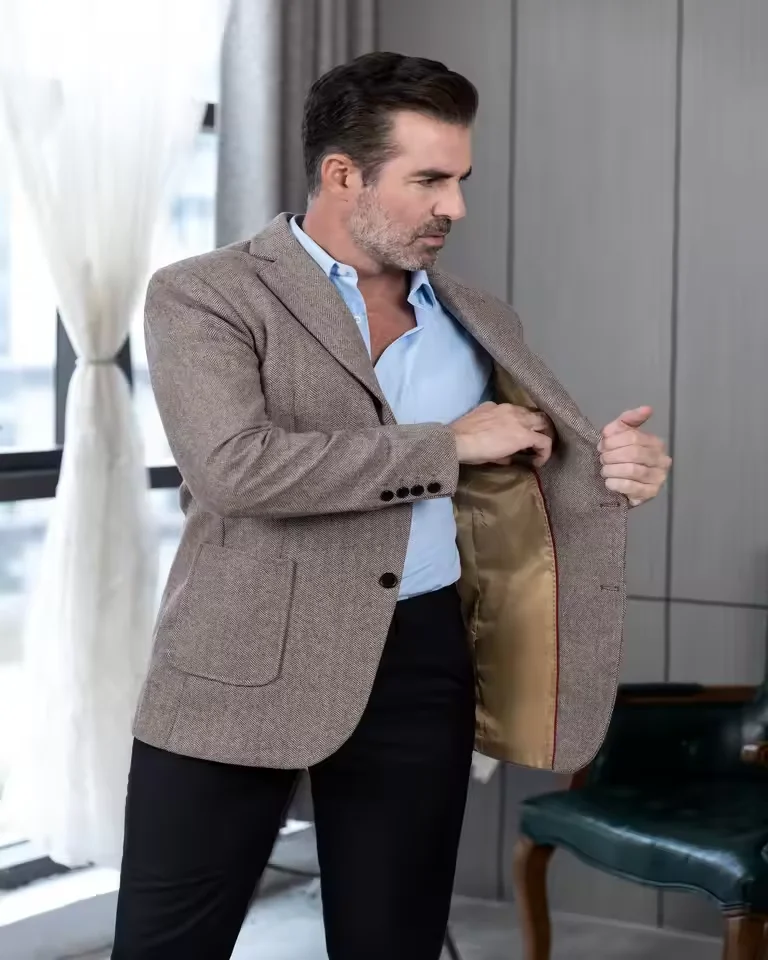 بدلة رجالية سترة بنية للحفلات الراقصة البدلات الرسمية متعرجة من الصوف التويد سترة رسمية واحدة الصدر لحفلات الزفاف (معطف فقط) #4