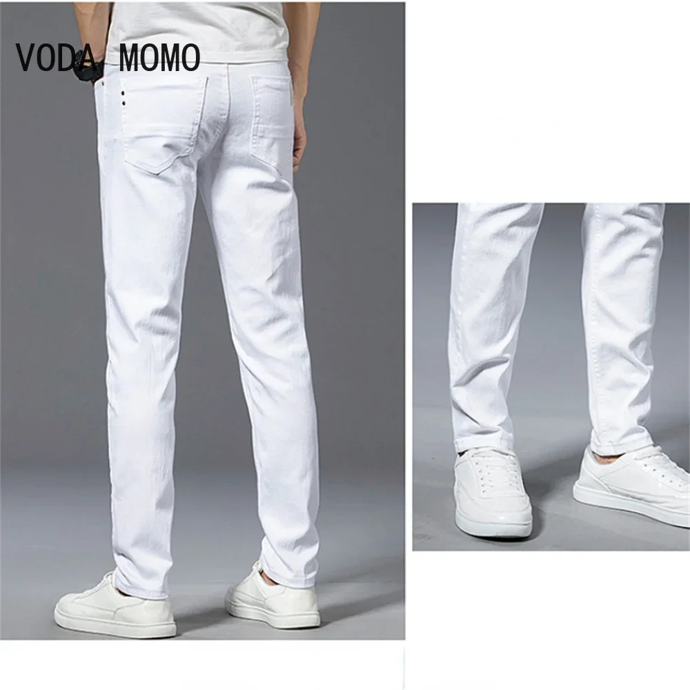 

2025 New Mens Jeans Hip Hop White Moto Skinny Ripped Pure Color Elastic Denim Pants Male Casual Waistline Jogging Pencil Pants