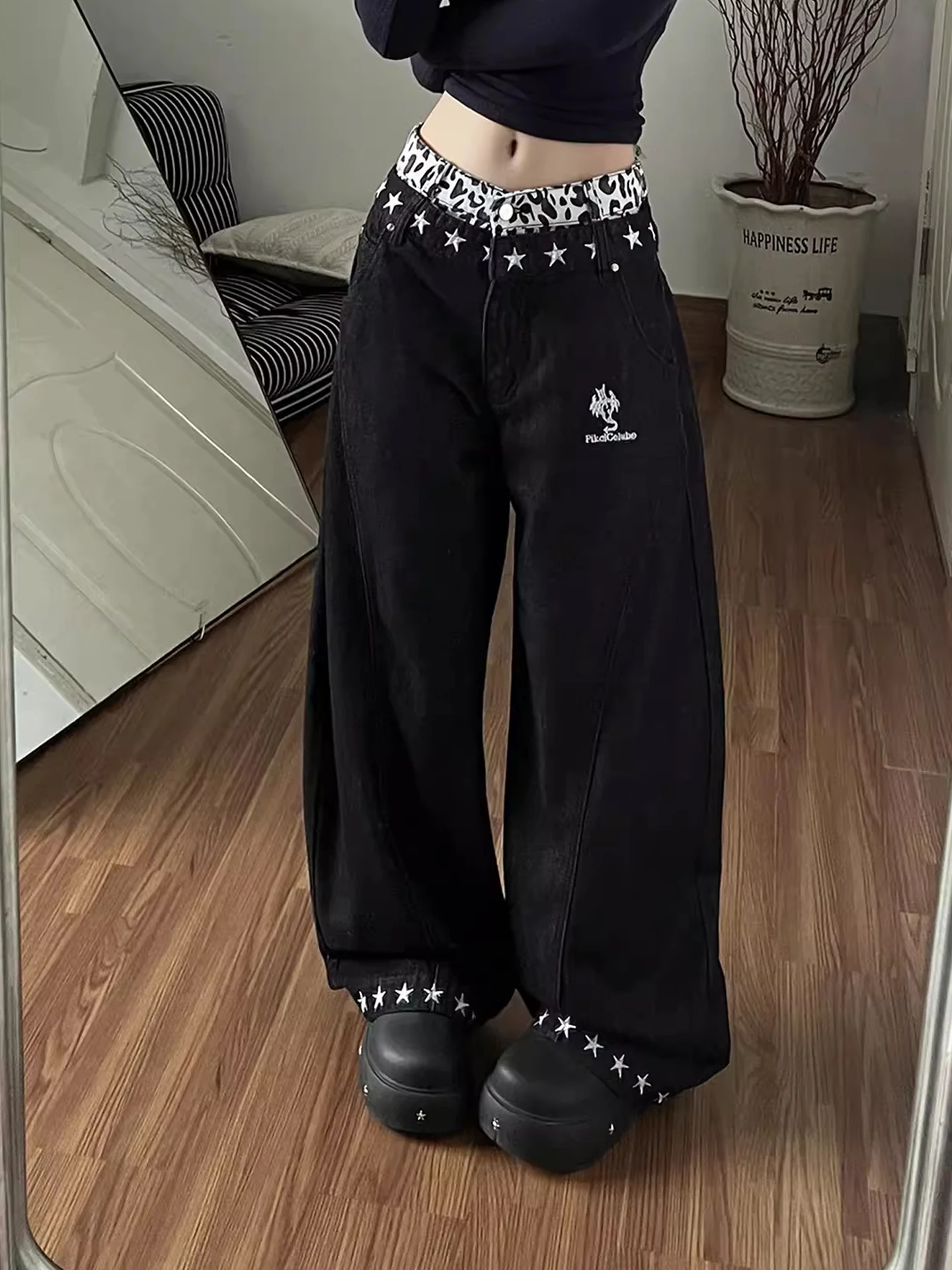 

American Design Wide Leg Straight Cut Jeans Men Women High Street Faion Star Print High Waist Denim Pants Autumn Winter