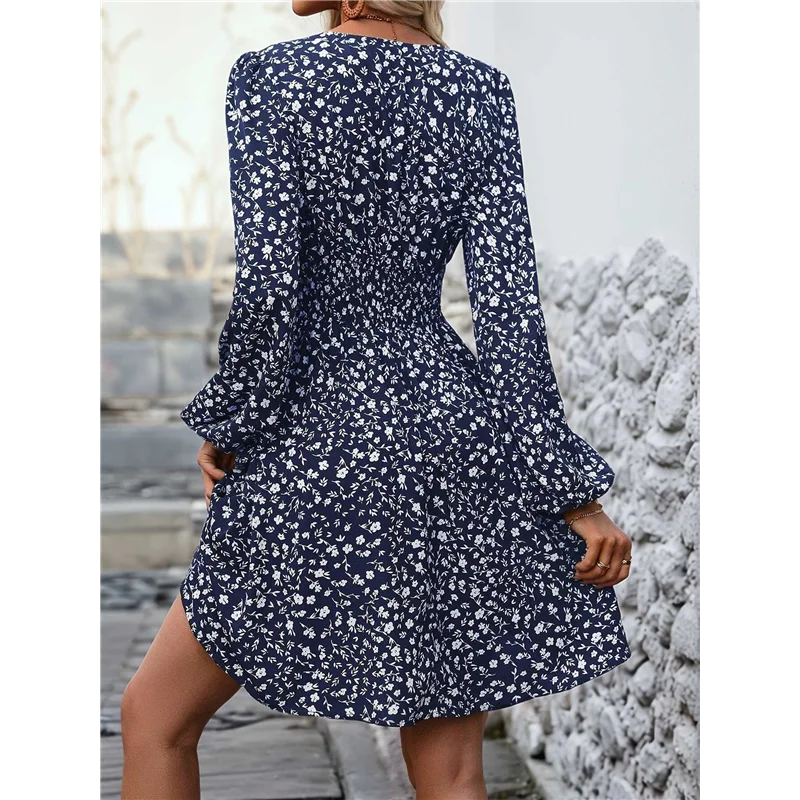 فستان نسائي أنيق بياقة على شكل V وأكمام طويلة وخصر عالٍ فساتين قصيرة لحفلات الكوكتيل - A55G #2