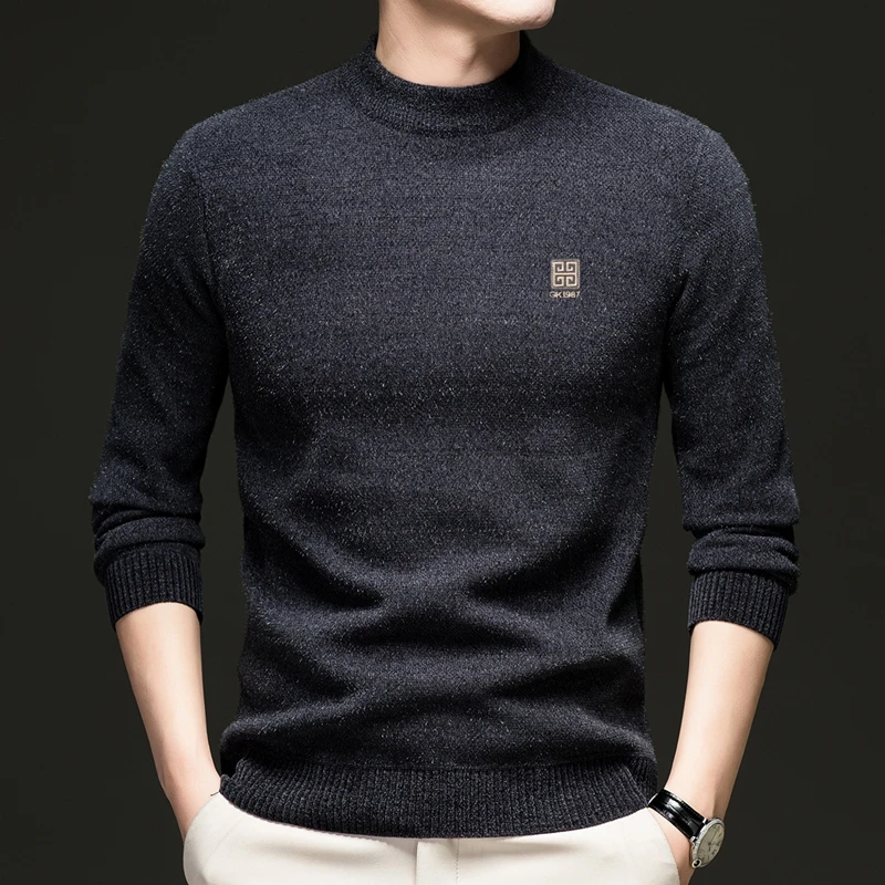 

Autumn and Winter High-end Sweater Men's Solid Color Long Sleeved Sweater with Thick Velvet and Warm Knit Base Sweater