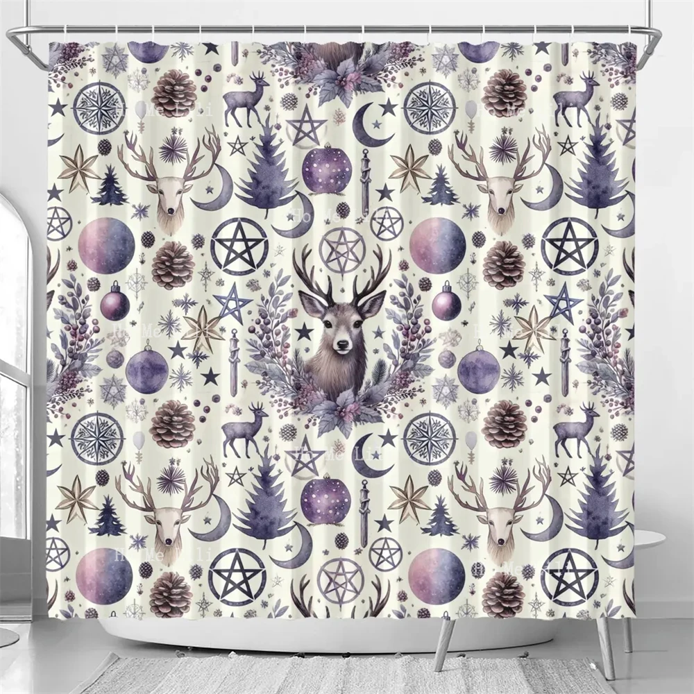 Pagan Pentagram Winter Holiday Forest Animal Bath Curtain Purple Yule Deer Shower Curtains With 12 Hooks