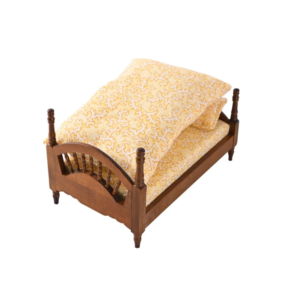 

Play House 1:12 Dollhouse Wood Bed Bedroom Scene Decor Miniature Wood Bed Ornaments Floral Simulation Single Bed Kids Toy