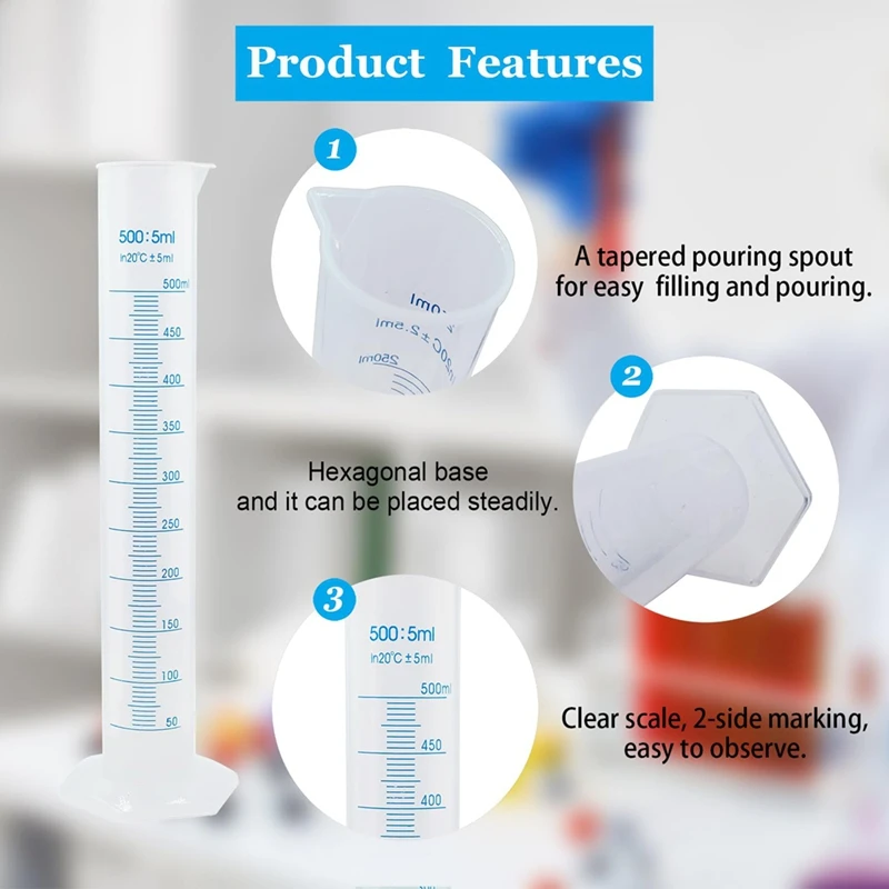 3Pcs Plastic Graduated Cylinders - 100 250 500Ml, Lab Chemistry Measuring Cylinders Set For Science Biology Project