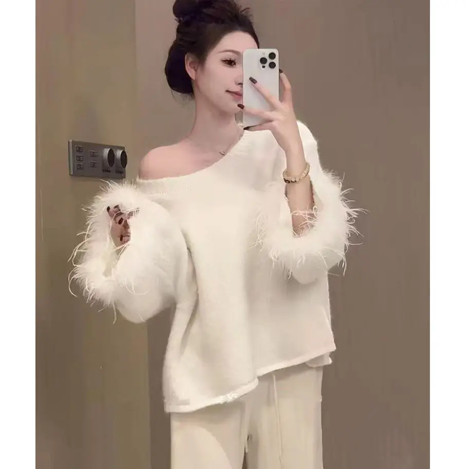 

Soft Knitted oulder Bared Sweater Women's Loose Fit Long Sve Furry Sve Comfortable Warm Autumn Winter Faion Sle