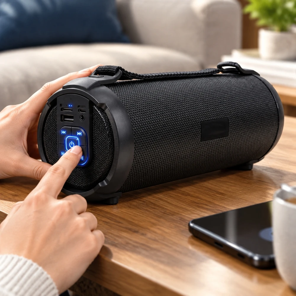 Altavoz Portátil Bluetooth 5.0, Parlante Inalámbrico con Radio FM, Reproducción USB y Tarjeta Micro SD, Entrada AUX, Batería Recargable 1500mAh, Correa para Transportar, Ideal para Exterior, Casa y Viaje