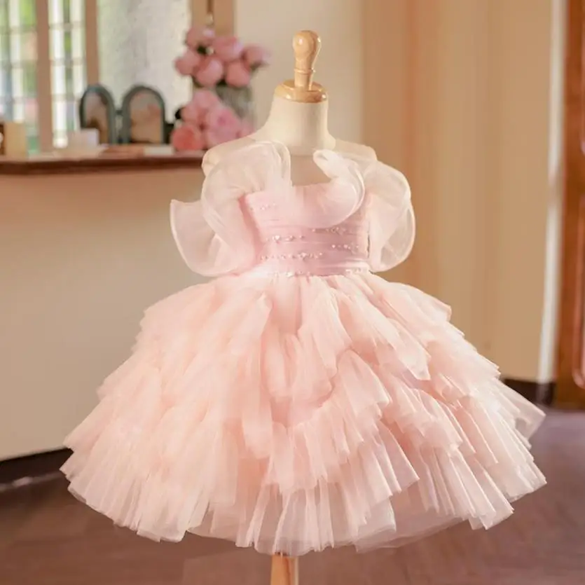 New Children\'s Princess Evening Gown Mesh Pearls Sleeveless Design Kids Wedding Birthday Baptism Party Dresses For Girls A3648