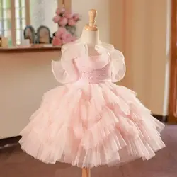 New Children's Princess Evening Gown Mesh Pearls Sleeveless Design Kids Wedding Birthday Baptism Party Dresses For Girls A3648