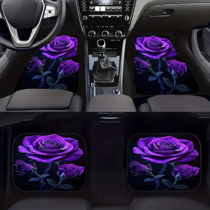 4pcs Luxury Purple Rose Car Floor Mats | Crystal Velvet Fit, All-in-One Pedal-Saving Design, Easy-Clean, Polyester, Universal Fi