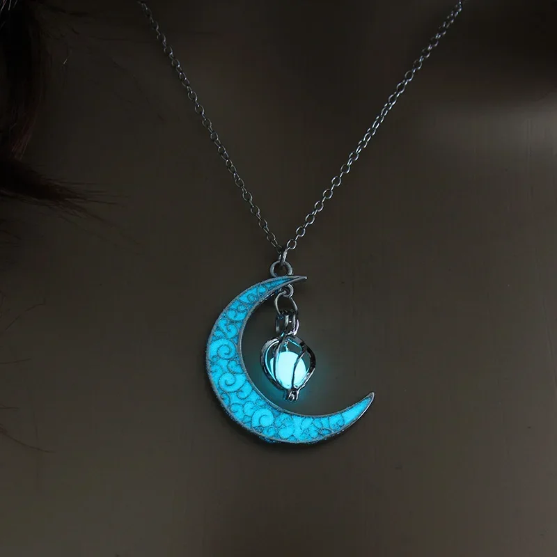 2024 Moon Glowing Necklace Gem Charm Jewelry Silver Plated Women Halloween Pendant Hollow Luminous Stone Pendant Necklace Gifts