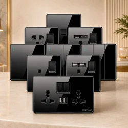 Luxury All Tempered Glass Wall Light Switch Button Black UK Plug 13A Universal Wall Socket with Usb ,220V1gang2way Speed Switch