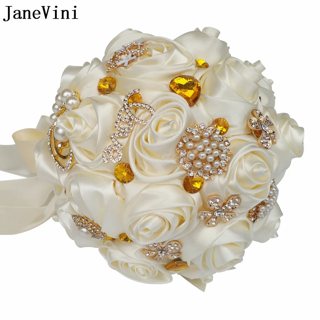 JaneVini Gold Crystal Diamond Bridal Wedding Bouquet Pearls Ivory Ribbon Rose Beaded Bride Flower Bouquet Fleurs Fleur Bordeaux