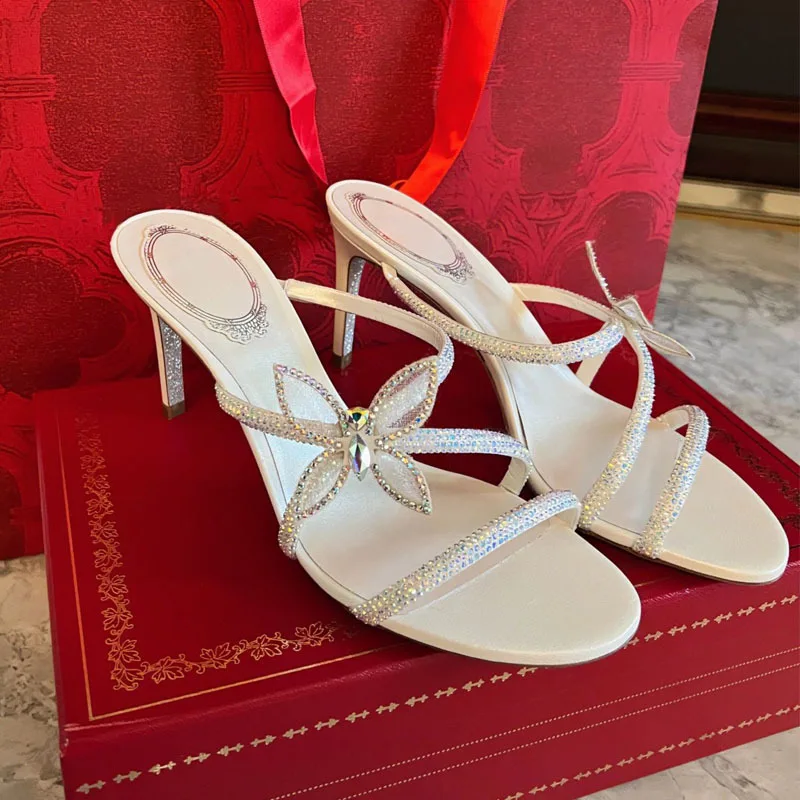 Women White Satin Rhinestone Butterfly Decor Thin Strap Mule Slides Open Toe Thin Stiletto Wedding Bridal Party High Heels Sexy