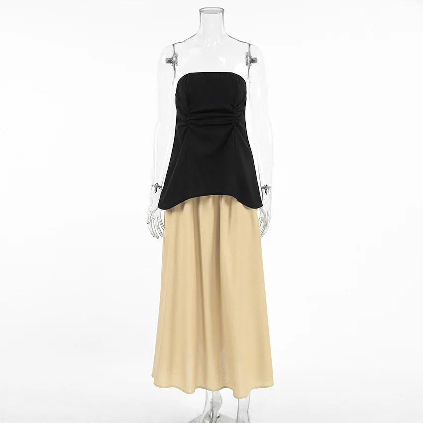2025 Summer Elegant French Cotton and Hemp Skirt Women's High End Strapless Vest  Long Two-piece Set