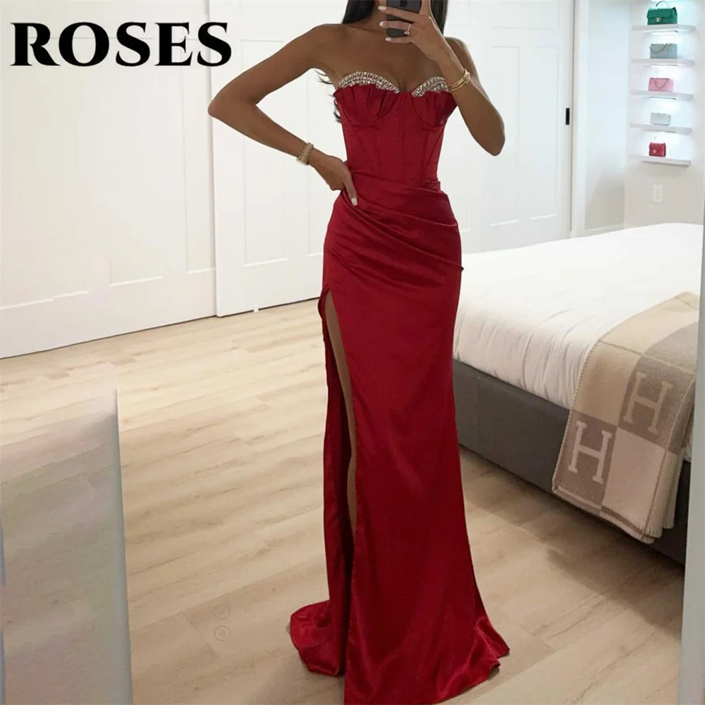 

ROSES Red Evening Dress Sleeveless Trumpet Party Dress with Pleats Sequin Sweetheart Vestido De Novia Sexy Side Split Prom Dress