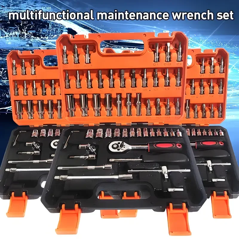 53pcs Home & Outdoor Repair Tool Kit with Quick Ratchet, Keys & Furniture Tools - Durable Carbon Steel in Multi-Tool Box