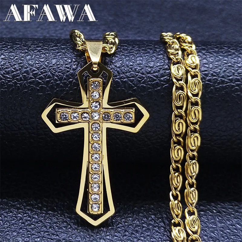 Christian Cross Crucifix Pendant Necklace Gold Color Stainless Steel Catholic Men Chain  Jewelry corrente masculina N4930S02