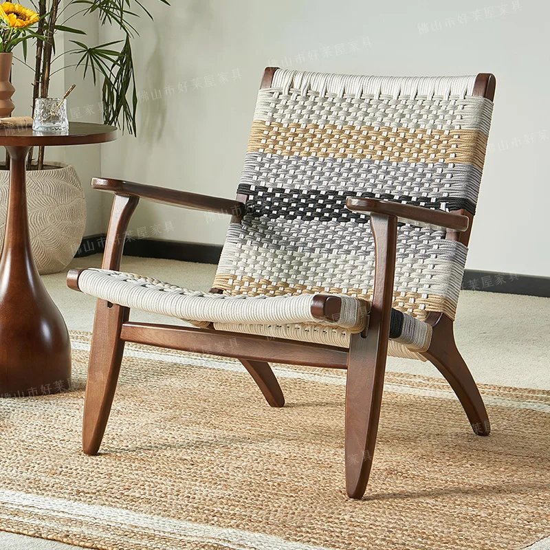 Balcony Comfortable Leisure Sofa Chair Reading Solid Wood Living Room Rope Weaving Lazy Home Back Chair