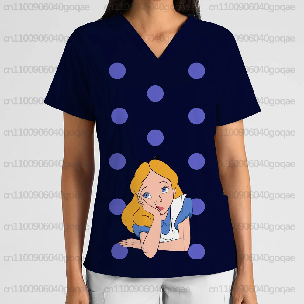 

Летняя женская одежда, скраб-топ, принт принцессы Алисы Диснея, v-образный вырез, короткий рукав, карман, женская футболка, топ для стоматологической больницы