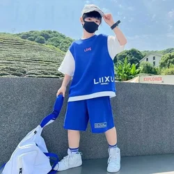 Junior Boys Summer Suit Children's Fashion Patchwork Short Sleeve Shorts Sports Suit Clothing 3-14Y Trend