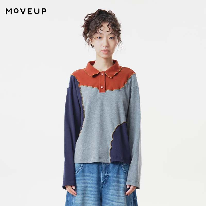 MOVEUP Polo Long Sleeve T-Shirt 2026 Autumn Irregular Color Block Raw Edge Splicing Tees Cotton Casual Lapel T-Shirt 3ELQ10530