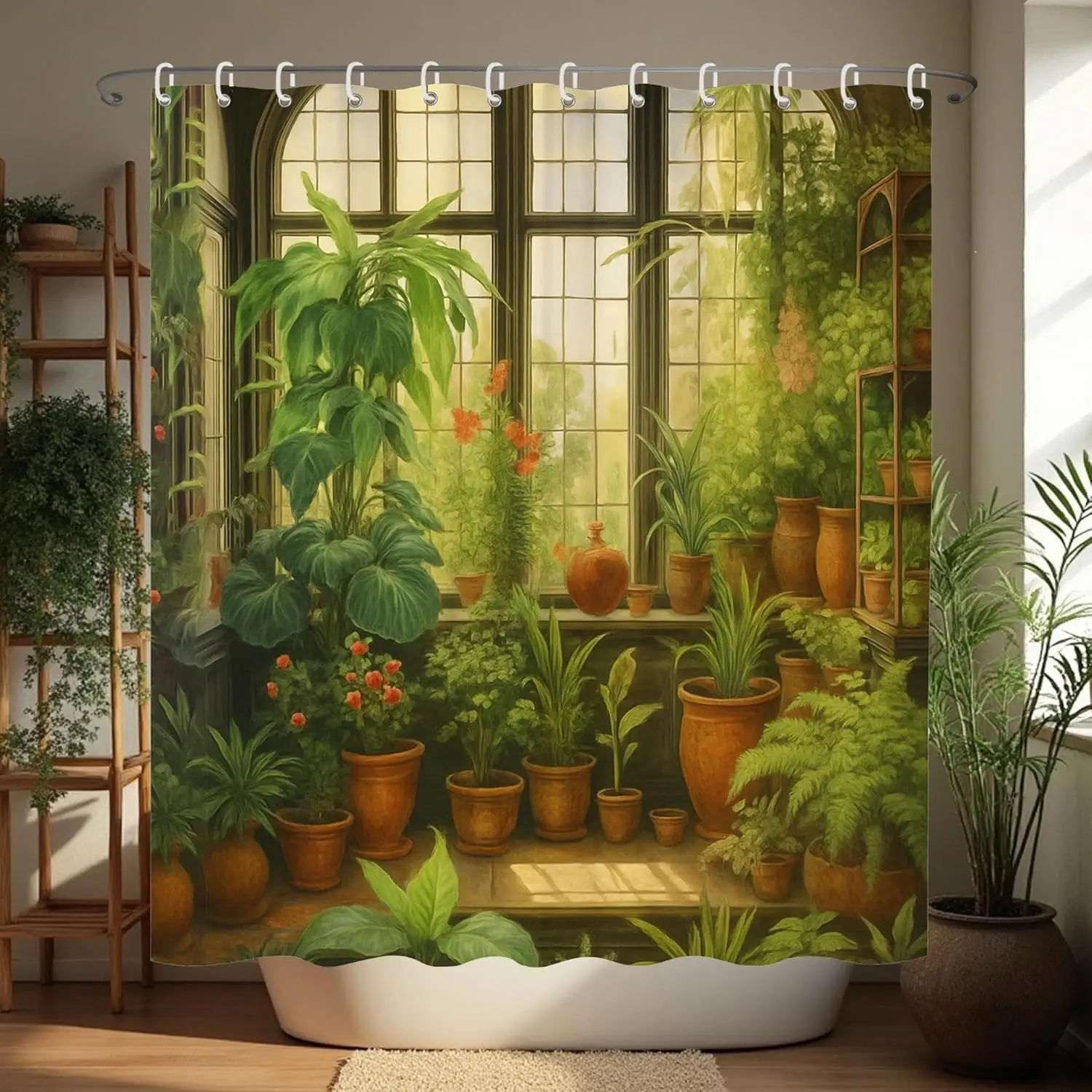 

Botanical Garden Shower Curtain Green Plant Scenic Waterproof Polyester Nature for Bathroom Decor with Hooks