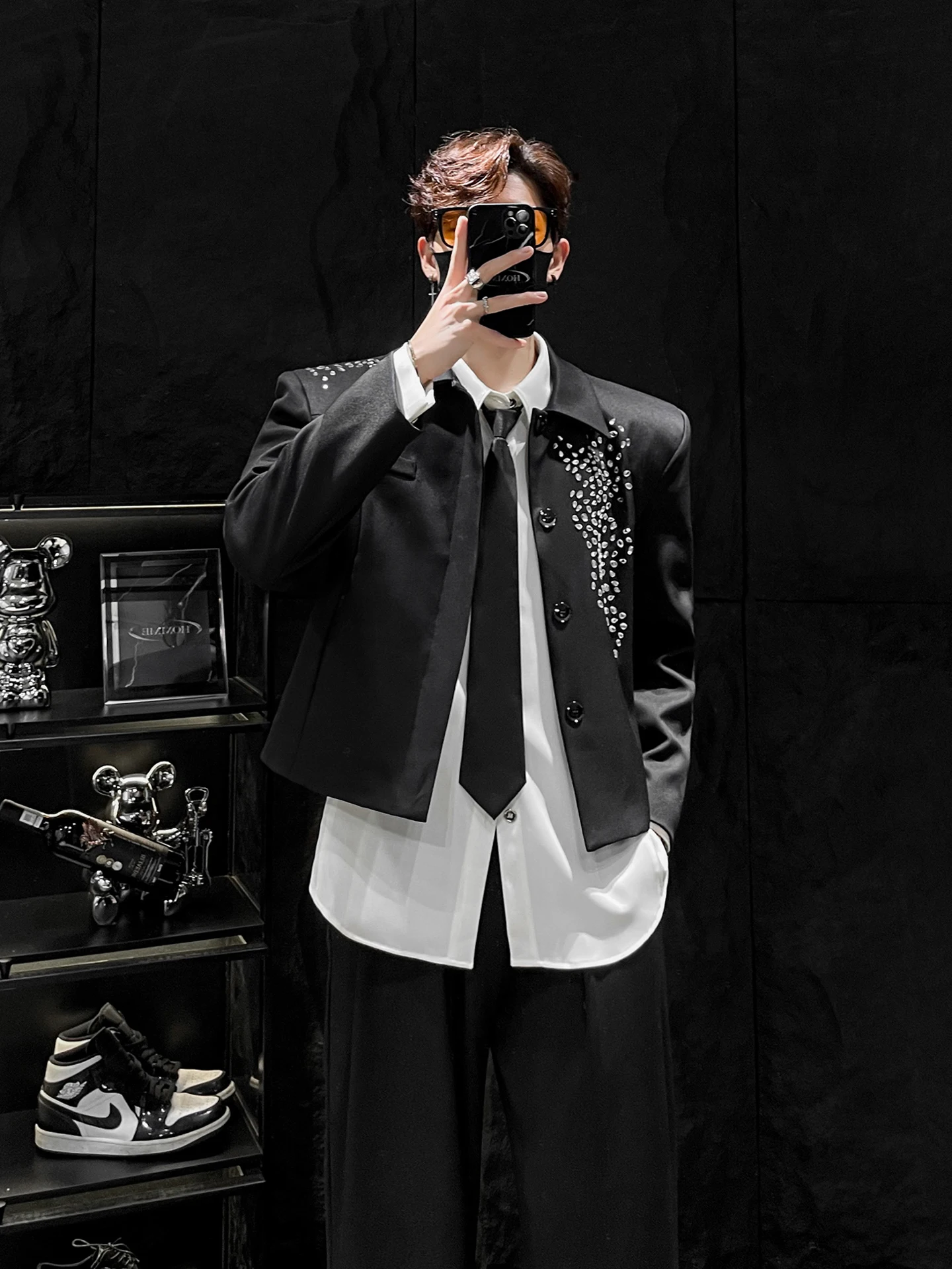 

Heavy Du Rhinestone Collar Padded oulder Jaet Men's Faion Versatile ort Outerwear Homme No Limit Mirror Korean Sle