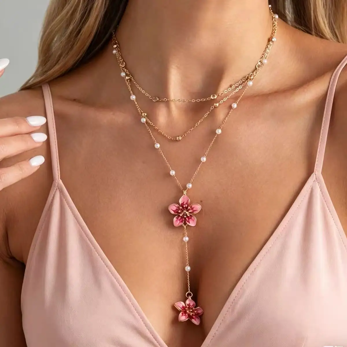 Vintage Romantic Pink Drip Oil Flower Pendant Necklace For Women Boho Exquisite Imitation Pearl Beads Choker Party Jewelry Gifts