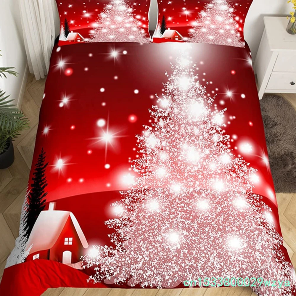 Merry Christmas Tree Bedding Set Red Duvet Cover Set Xmas Snowflake Glitter Comforter Cover Microfiber Twin King Bedspread Cover
