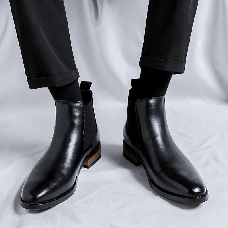 Men's Chelsea Boots Pointed Toe Versatile High Top Leather Shoes Retro British Style Retro Leather Boots-8100