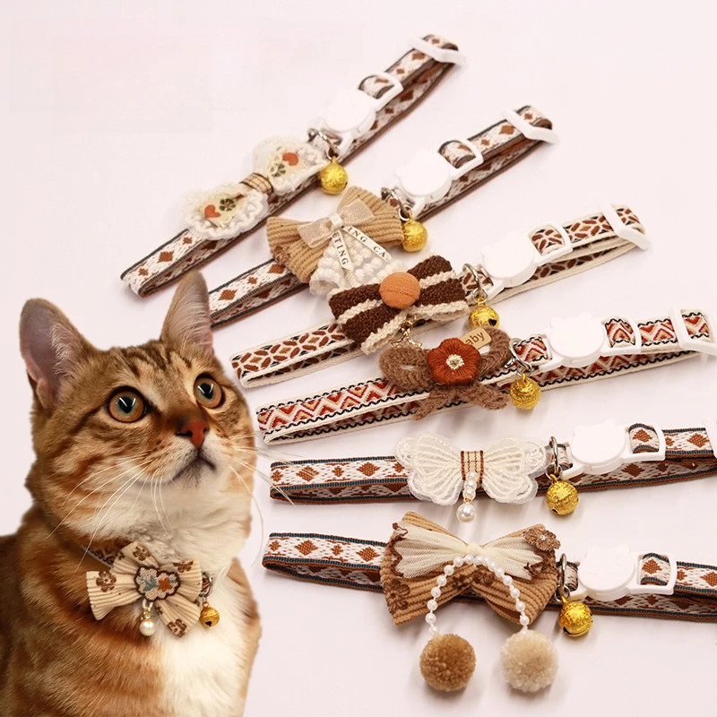 

Pet wholesale coffee bow tie collar hanging beads lace bow bell cat necklace anti-choking safety buckle